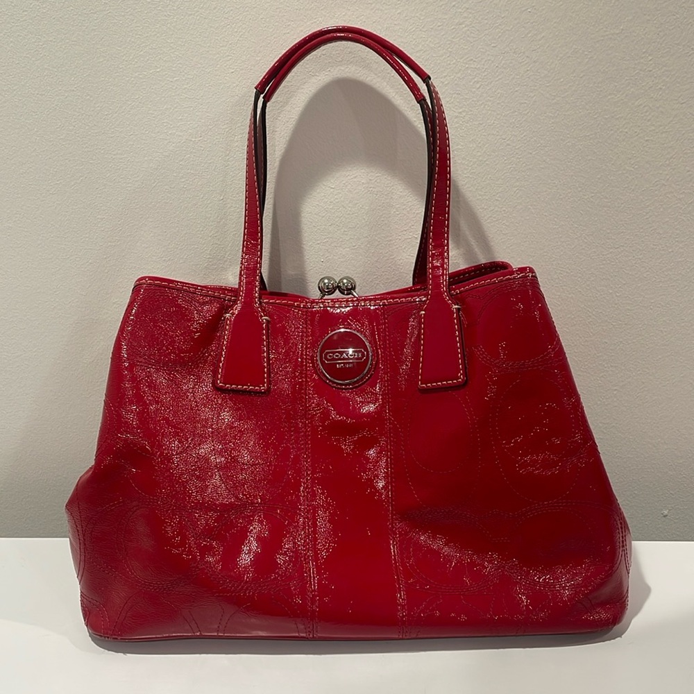 Coach Signature Stitch Frame Red Patent Leather Tote